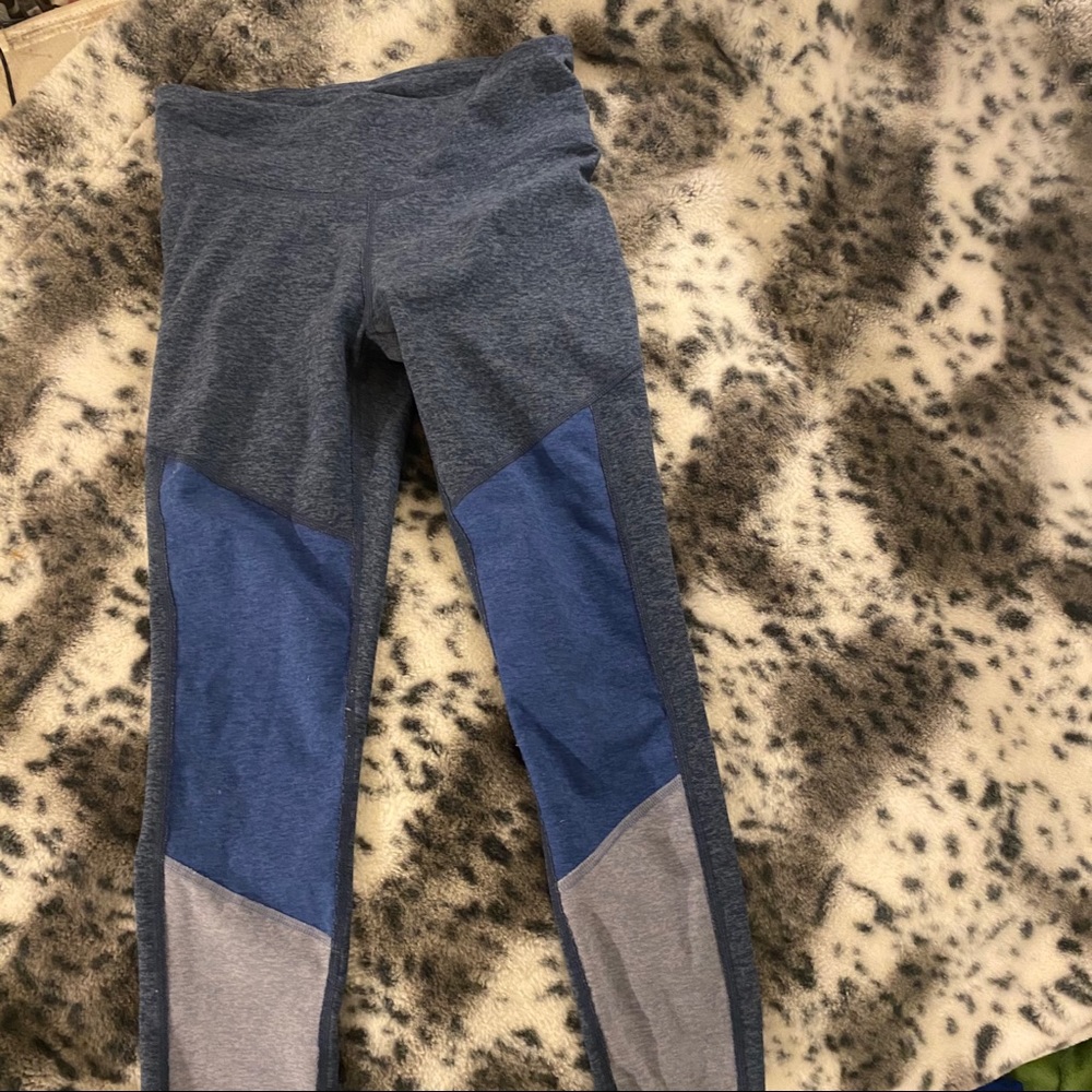 Blue gray and dark blue leggings.